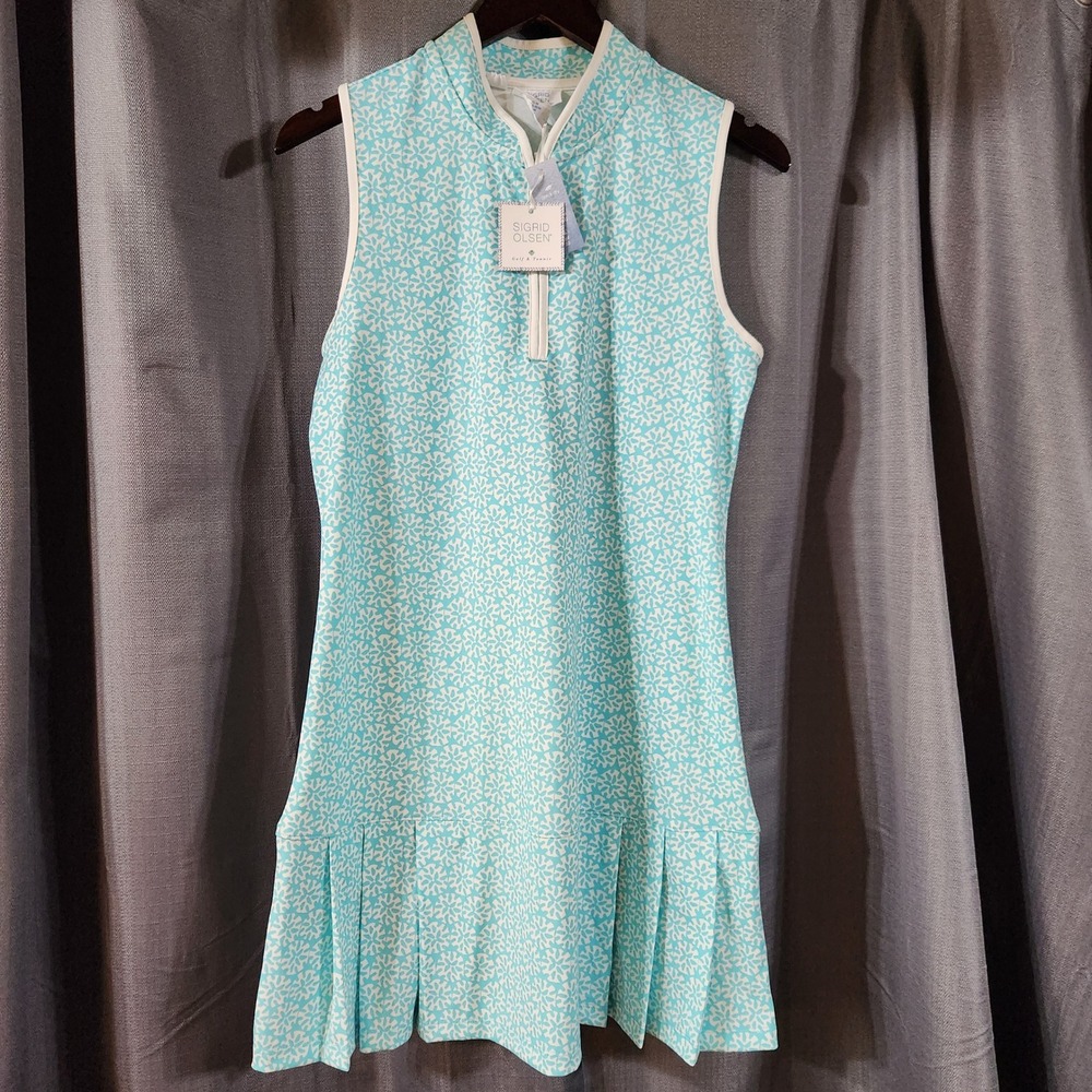 Sigrid Olsen Golf Tennis Dress Womens Medium Turquoise White Zip Pleated UPF 50